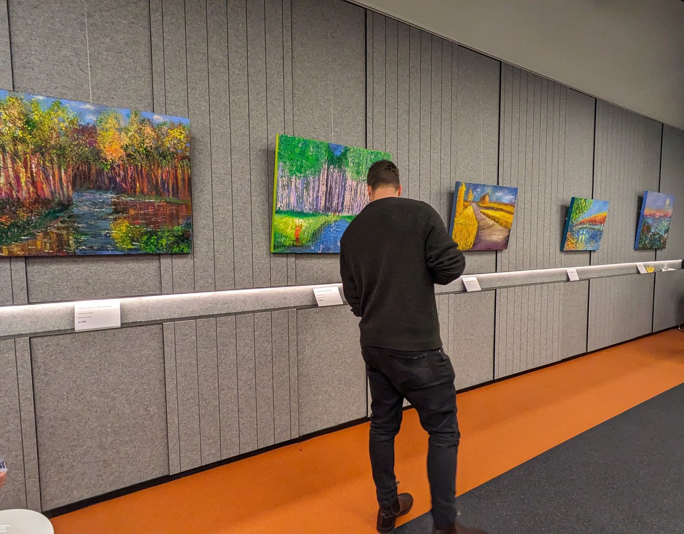 A visitor views a wall of Madeleine's paintings at an exhibition, including Reflections in Red Woods and Summer Field.