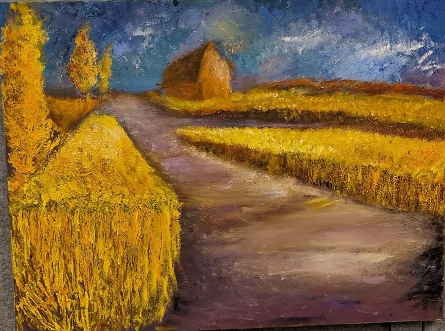 Summer Field. A dirt road curves past a golden haystack and rows of yellow crops towards a small farmhouse under a deep blue, cloud swept sky.